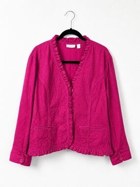 Chico's Y2K Fuchsia Ruffle Trim Textured Jacket Blazer Cotton Spandex Size 3 XL